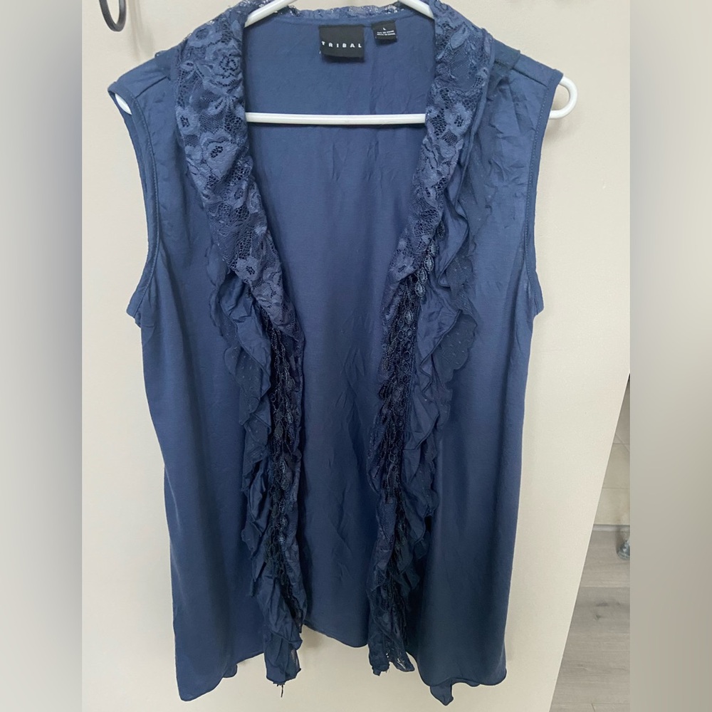 Tribal Elegant Blue Sleeveless vest with crochet and Lace Trim size large